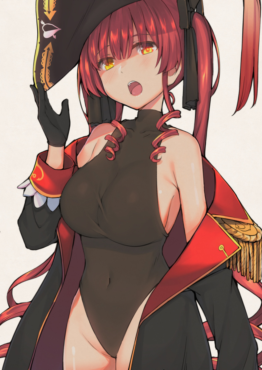 1girl bangs bare_shoulders bicorne black_coat black_eyepatch black_gloves black_headwear black_leotard black_ribbon blush breasts coat covered_navel cowboy_shot drill_hair embroidery epaulettes gloves groin hair_ribbon hat heterochromia highleg highleg_leotard highres hololive houshou_marine kaname_(melaninusa09) large_breasts leotard long_hair looking_at_viewer off_shoulder open_mouth pirate red_eyes red_hair ribbon ringlets sideboob simple_background solo twin_drills twintails virtual_youtuber white_background yellow_eyes