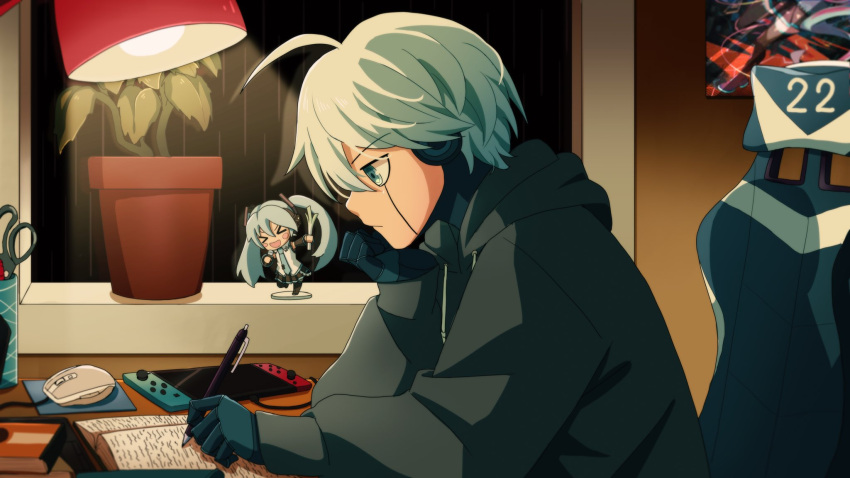 1boy ahoge alternate_costume android book chair cheer_(cheerkitty14) closed_mouth commentary danganronpa_(series) danganronpa_v3:_killing_harmony english_commentary green_hoodie grey_hair hatsune_miku highres holding holding_pen hood hood_down hoodie keebo lamp long_sleeves mouse_(computer) nintendo_switch number office_chair pen plant potted_plant scissors short_hair sitting solo statue vocaloid writing