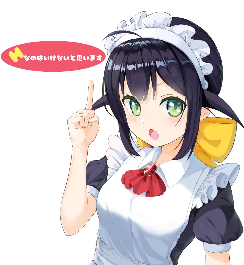 1girl absurdres ahoge andou_mahoro apron ascot bangs black_dress black_hair bow brooch collared_dress dress ecchi_nano_wa_ikenai_to_omoimasu fang green_eyes hair_bow hair_flaps haires highres index_finger_raised jewelry light_frown looking_at_viewer mahoromatic maid maid_apron maid_headdress open_mouth puffy_short_sleeves puffy_sleeves red_neckwear short_sleeves simple_background skin_fang solo translated upper_body white_apron white_background wing_collar yellow_bow