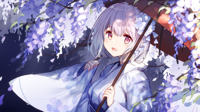 1girl :d bangs bison_cangshu commentary eyebrows_visible_through_hair flower gridman_universe hair_between_eyes hands_up holding holding_umbrella japanese_clothes kimono long_sleeves looking_at_viewer obi oil-paper_umbrella open_mouth pink_hair purple_flower red_eyes red_umbrella sash shinjou_akane sleeves_past_fingers sleeves_past_wrists smile solo ssss.gridman umbrella upper_body white_kimono wide_sleeves wisteria