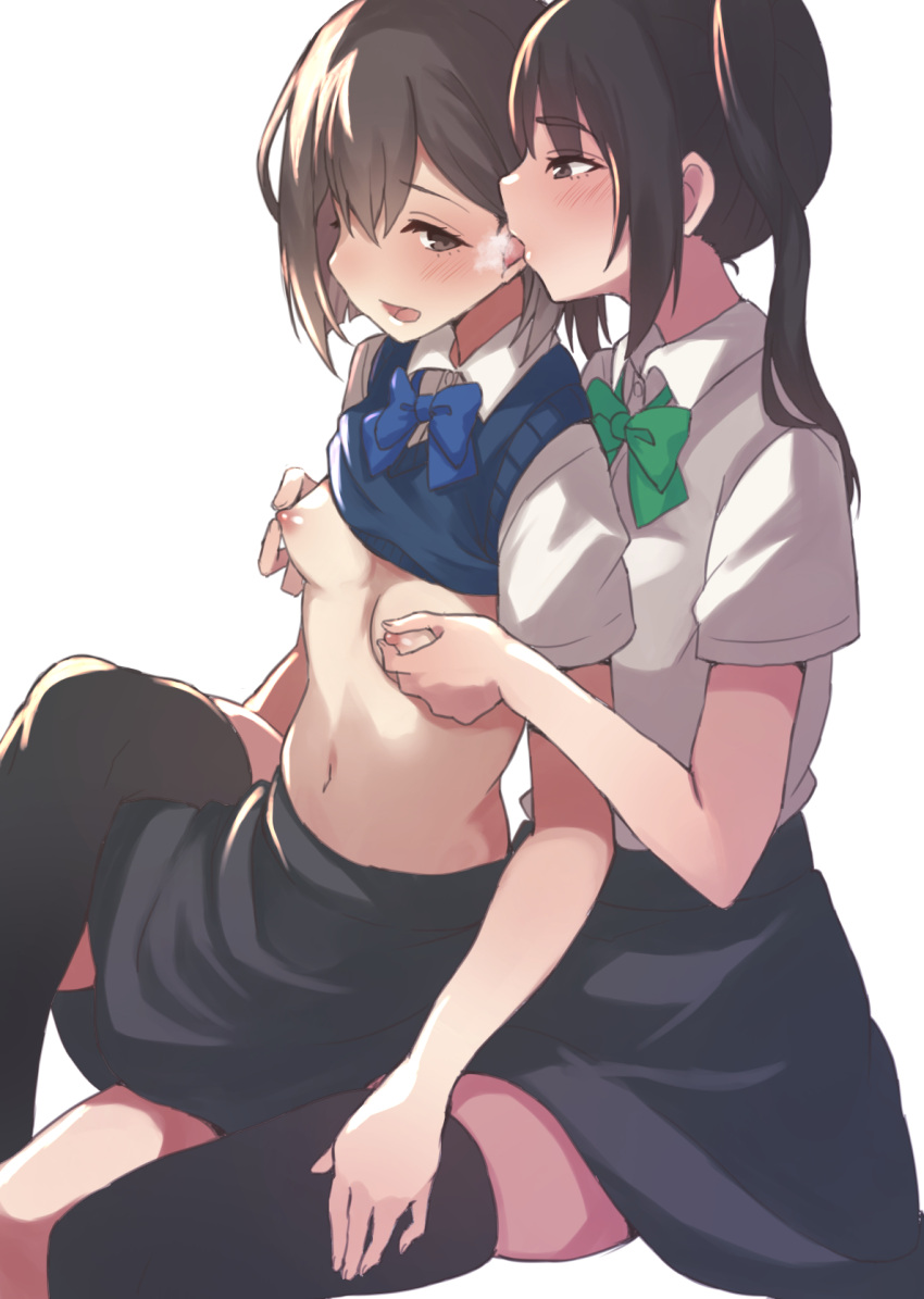 2girls areolae bangs between_thighs black_hair black_legwear black_skirt blue_bow blue_vest blush bow bowtie breasts breath brown_eyes brown_hair clothes_lift collared_shirt dress_shirt eichan_(eichanidfi) eyebrows_visible_through_hair face_licking grabbing grabbing_from_behind green_bow hair_between_eyes highres licking long_hair medium_hair multiple_girls navel nipple_tweak nipples no_bra nose_blush open_mouth original school_uniform shirt shirt_lift short_sleeves side_ponytail simple_background sitting skindentation skirt small_breasts sweater_vest thighhighs tongue tongue_out vest vest_lift white_background white_shirt yuri