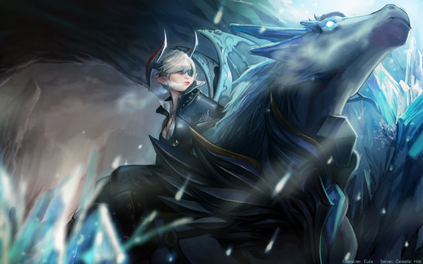 1girl black_footwear black_jacket black_pants blue_eyes breasts castanic commentary_request crystal eyepatch feet_out_of_frame glowing glowing_eyes highres horns horseback_riding jacket lips noa_ikeda pants parted_lips pointy_ears riding silver_hair tera_online