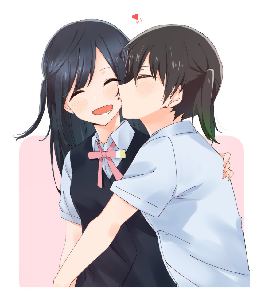 2girls bangs black_eyes black_hair black_jacket cheek_kiss collared_shirt dress_shirt gradient_hair green_eyes green_hair grey_eyes highres jacket kiss long_hair love_live! love_live!_nijigasaki_high_school_idol_club medium_hair multicolored_hair multiple_girls neck_ribbon nijigasaki_academy_uniform one_side_up red_neckwear ribbon school_uniform shirt short_sleeves streaked_hair summer_uniform takasaki_yuu twintails two-tone_hair wakahima white_shirt yuri yuuki_setsuna_(love_live!)