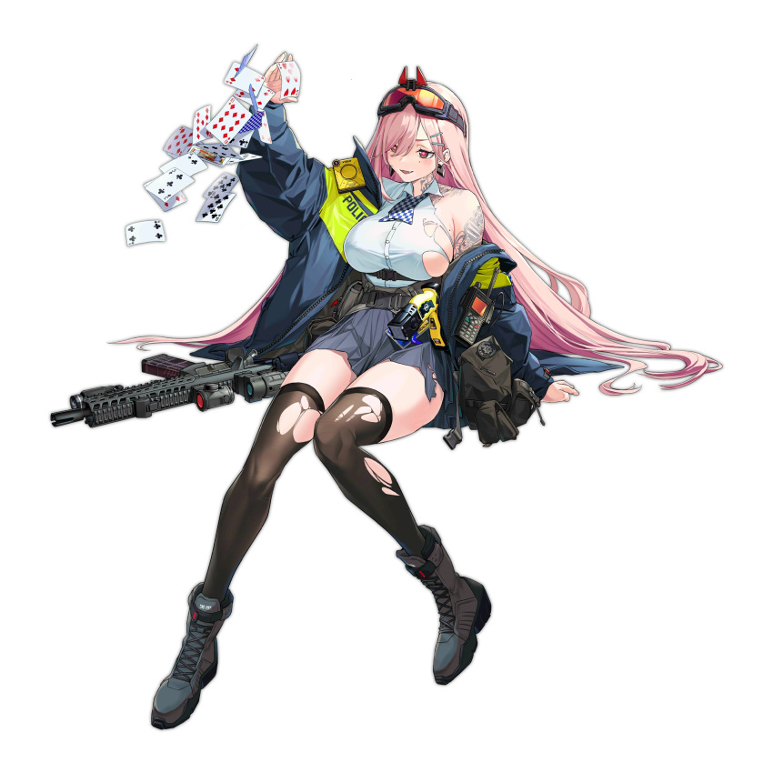 1girl arm_tattoo assault_rifle bag bangs belt black_footwear black_legwear blue_jacket blue_skirt blush boots breasts card earrings eyebrows_visible_through_hair eyewear_on_head floor girls'_frontline gun hand_on_floor heart heart_earrings highres holding holding_card jacket jewelry large_breasts long_hair looking_away mole mole_on_breast mole_under_eye neck_tattoo official_art open_clothes open_jacket open_mouth pink_hair police police_uniform red_eyes rifle shirt sig_mcx_(girls'_frontline) sig_sauer sig_sauer_mcx sitting sitting_on_floor skirt solo tattoo thighhighs torn_clothes torn_legwear torn_shirt torn_skirt transparent_background uniform walkie-talkie weapon white_shirt yitiao_er-hua