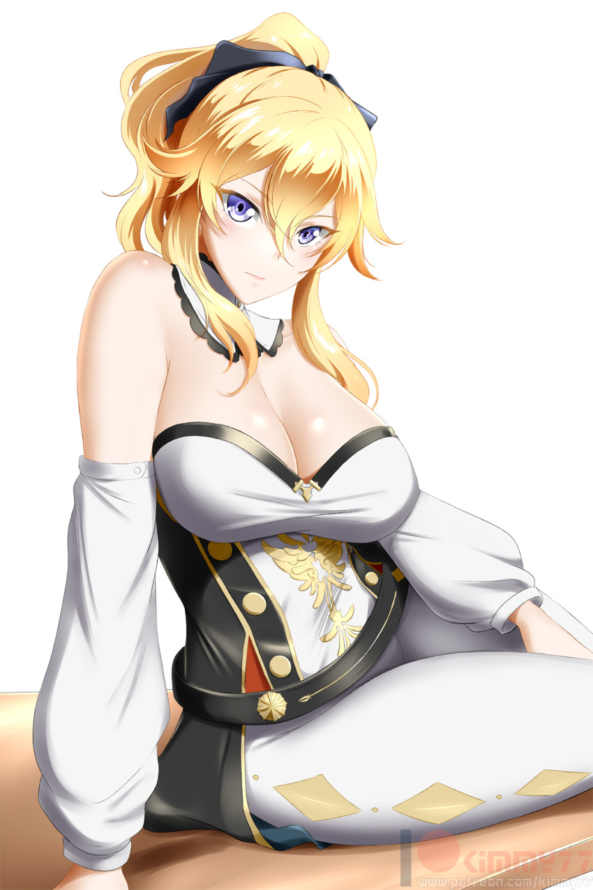1girl bangs banned_artist bare_shoulders blonde_hair blue_bow blue_eyes bow breasts cleavage commentary corset detached_collar detached_sleeves genshin_impact hair_between_eyes hair_bow highres jean_gunnhildr kimmy77 large_breasts leggings long_hair long_sleeves looking_at_viewer pants sidelocks simple_background sitting solo strapless thighs white_background white_pants