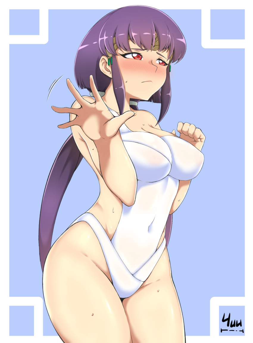 1girl bangs bare_arms bare_shoulders blue_background blush border breasts censored_yuu closed_mouth commentary covered_navel cowboy_shot english_commentary highres impossible_clothes large_breasts long_hair looking_away masaki_aeka_jurai nose_blush one-piece_swimsuit outside_border purple_hair red_eyes sidelocks simple_background solo sweat swimsuit tenchi_muyou! thighs tiara twintails very_long_hair white_border