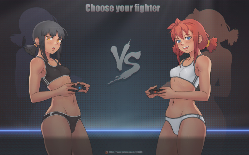 2girls :d bangs bare_arms bare_shoulders black_hair black_panties blue_eyes blunt_bangs blush breasts brown_eyes collarbone commentary controller cowboy_shot english_text everlasting_summer fang gloomy_(leonzo030) holding holding_controller leonzo looking_at_viewer medium_breasts multiple_girls navel open_mouth original panties playstation_controller red_hair short_hair smile sports_bikini sports_bra stomach twintails underwear ussr-tan vs white_panties