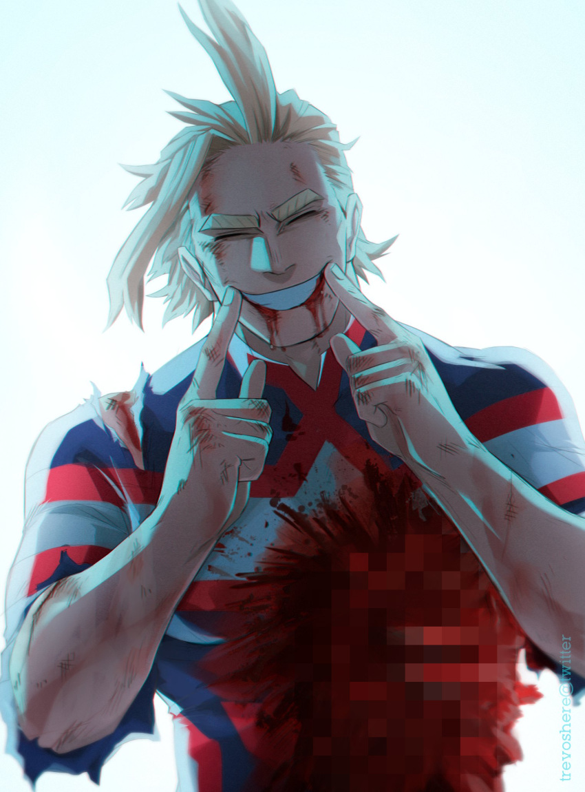 1boy all_might battle_damage blonde_hair blood bloody_clothes boku_no_hero_academia bruise censored closed_eyes facing_viewer grin guro hands_up highres injury male_focus mosaic_censoring shirt smile solo torn_clothes torn_shirt trevo_(trevoshere) upper_body yagi_toshinori