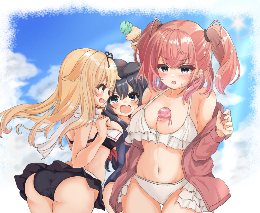 3girls adapted_costume akatsuki_(kancolle) atlanta_(kancolle) bikini black_bikini black_hair black_headwear black_ribbon blonde_hair blue_sky breasts brown_hair cloud commentary_request cowboy_shot flat_cap food food_on_breasts frilled_bikini frills green_eyes grey_eyes hair_flaps hair_ribbon hat highres ice_cream ice_cream_scoop jacket kantai_collection kasashi_(kasasi008) large_breasts long_hair multiple_girls open_clothes open_jacket open_mouth pink_jacket red_eyes remodel_(kantai_collection) ribbon scarf sky spill swimsuit two_side_up white_bikini white_scarf yuudachi_(kancolle)