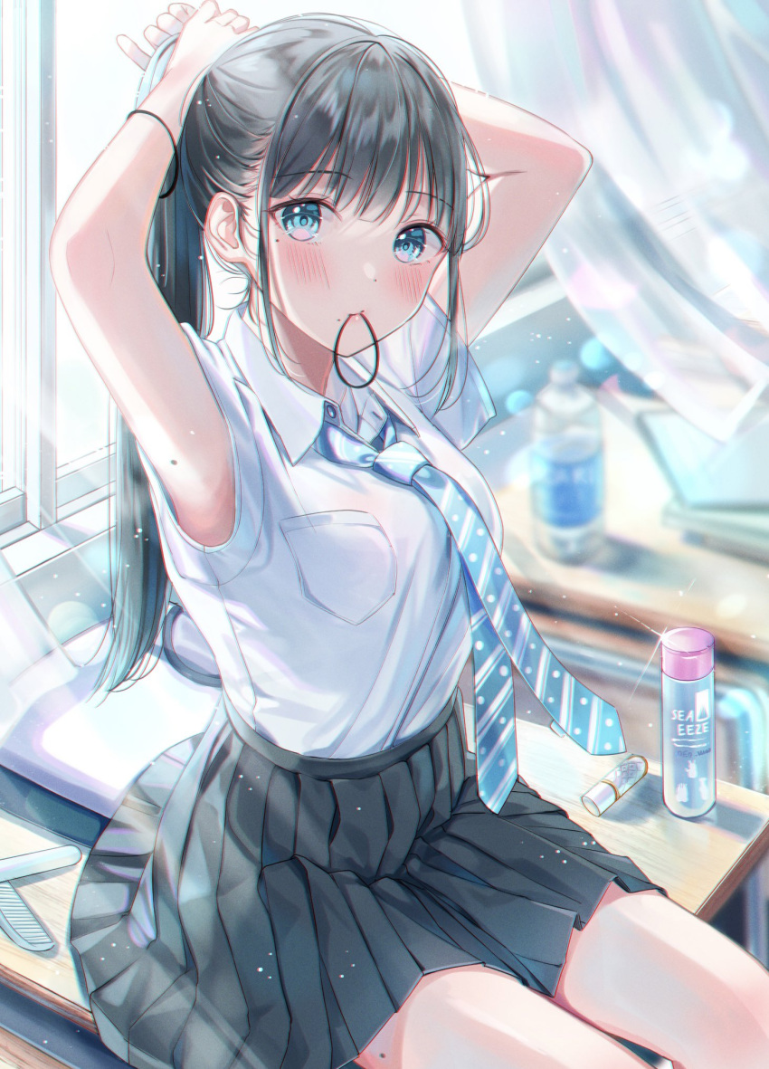 1girl arms_up bangs black_hair black_skirt blue_eyes blue_neckwear blurry blurry_background blush bottle bracelet breast_pocket classroom closed_mouth collared_shirt curtains desk hair_tie hair_tie_in_mouth hands_up highres indoors jewelry long_hair looking_at_viewer mouth_hold necktie on_desk original pleated_skirt pocket ponytail sakura_(39ra) school_uniform shirt short_sleeves sitting sitting_on_desk skirt solo tying_hair water_bottle white_shirt window