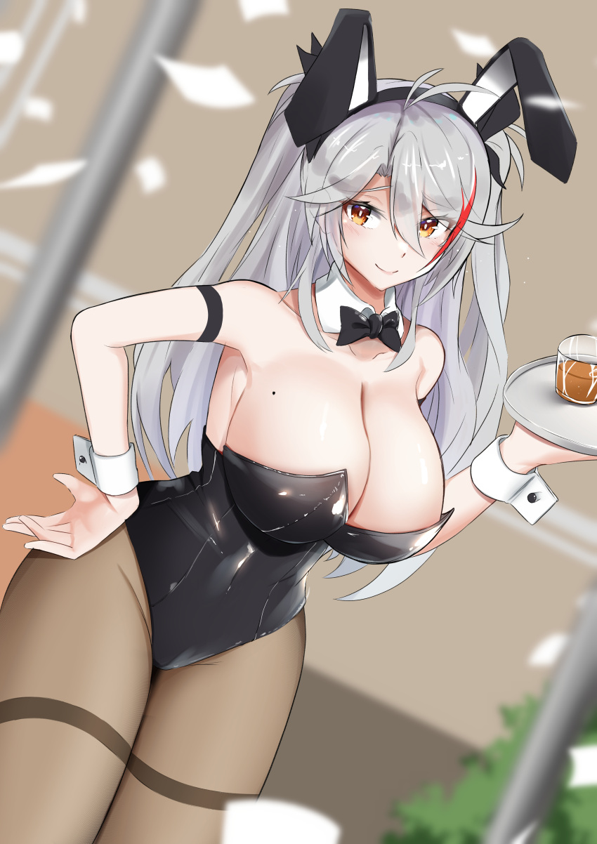 1girl absurdres alternate_breast_size alternate_costume animal_ears azur_lane bare_shoulders black_leotard blurry blurry_background breasts brown_legwear bunny_ears detached_collar dutch_angle eyebrows_visible_through_hair fake_animal_ears highres holding holding_tray huge_breasts j_yak47 leotard looking_at_viewer mole mole_on_breast multicolored_hair orange_eyes pantyhose playboy_bunny pole prinz_eugen_(azur_lane) red_hair shiny shiny_skin silver_hair smile solo strapless strapless_leotard streaked_hair thighband_pantyhose tray two-tone_hair wrist_cuffs