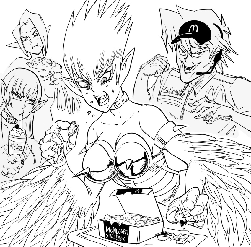 1boy 3girls armlet bare_shoulders bb_(baalbuddy) breasts burger chicken_nuggets claws collar commentary creepy_chin_joey_wheeler cup dipping drinking drinking_straw duel_monster eating english_commentary fangs food food_bite frappuccino greyscale harpie_lady_#1 harpie_lady_#2 harpie_lady_#3 harpie_lady_sisters harpy hat headset highres holding holding_cup jounouchi_katsuya ketchup mcdonald's monochrome monster_girl multiple_girls pointy_ears short_hair siblings sisters spiked_armlet spiked_armor spiked_hair winged_arms yu-gi-oh! yu-gi-oh!_duel_monsters