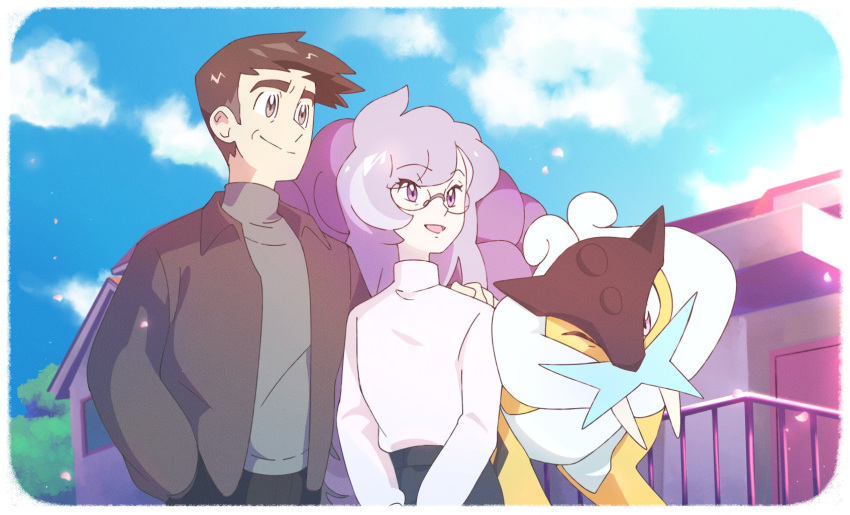 1boy 1girl anabel_(pokemon) bangs black_pants border brown_hair brown_jacket building closed_mouth cloud commentary day derivative_work english_commentary eyebrows_visible_through_hair eyelashes fence gen_2_pokemon glasses hand_on_another's_shoulder highres jacket legendary_pokemon long_hair looker_(pokemon) open_mouth outdoors pants pokemon pokemon_(creature) pokemon_(game) pokemon_dppt pokemon_emerald pokemon_platinum pokemon_rse poketoon purple_eyes purple_hair raikou screencap_redraw short_hair sky smile spiked_hair turtleneck undershirt vergolophus white_border window