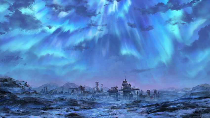 absurdres aurora building cloud commentary_request game_cg girls'_frontline highres manha_utsutsuki no_humans official_art outdoors scenery