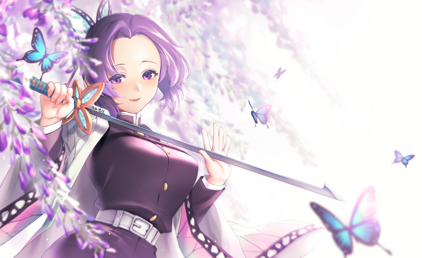 1girl absurdres belt belt_buckle black_hair blurry blurry_foreground breasts buckle bug butterfly butterfly_hair_ornament flower gradient_hair hair_ornament haori highres holding holding_sword holding_weapon insect jacket japanese_clothes kimetsu_no_yaiba kochou_shinobu large_breasts long_sleeves multicolored_hair purple_eyes purple_flower purple_hair purple_jacket sha shiny shiny_hair short_hair smile solo standing sword weapon white_belt