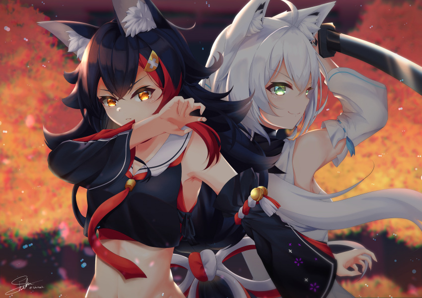 2girls absurdres ahoge animal_ear_fluff animal_ears arms_up back-to-back bangs black_hair black_shirt blue_neckwear breasts claw_pose crop_top detached_sleeves eyebrows_visible_through_hair fox_ears fox_girl green_eyes hair_between_eyes hair_ornament hairclip highlights highres holding holding_sword holding_weapon hololive hololive_alternative hood hoodie huge_filesize katana looking_at_viewer medium_breasts midriff multicolored_hair multiple_girls navel neckerchief ookami_mio outstretched_arm red_hair red_neckwear shiinochi shirakami_fubuki shirt sidelocks signature small_breasts smile sword two-tone_hair upper_body virtual_youtuber weapon white_hair white_hoodie wolf_ears wolf_girl yellow_eyes