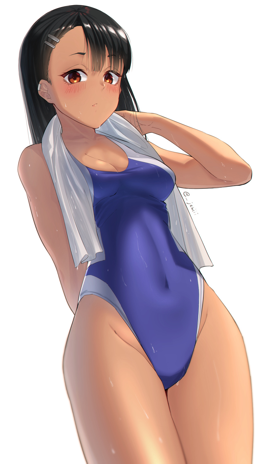 1girl absurdres black_hair blue_swimsuit breasts brown_eyes cleavage commentary competition_swimsuit cowboy_shot dark-skinned_female dark_skin english_commentary highleg highleg_swimsuit highres ijiranaide_nagatoro-san jebi long_hair looking_at_viewer medium_breasts mixed-language_commentary nagatoro_hayase one-piece_swimsuit simple_background solo swimsuit towel towel_around_neck white_background white_towel