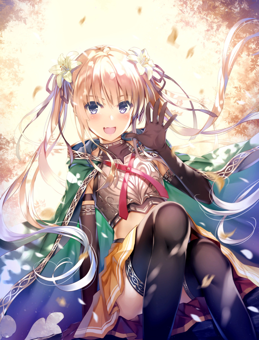 1girl absurdres arm_support armor bangs black_gloves black_legwear blonde_hair blue_eyes blush breastplate cape commentary_request covered_collarbone elbow_gloves fang gloves green_cape hair_ornament hand_up highres long_hair looking_at_viewer midriff misaki_kurehito official_art open_mouth petals saenai_heroine_no_sodatekata sawamura_spencer_eriri simple_background sitting skin_fang skirt smile solo thighhighs tied_hair twintails yellow_skirt