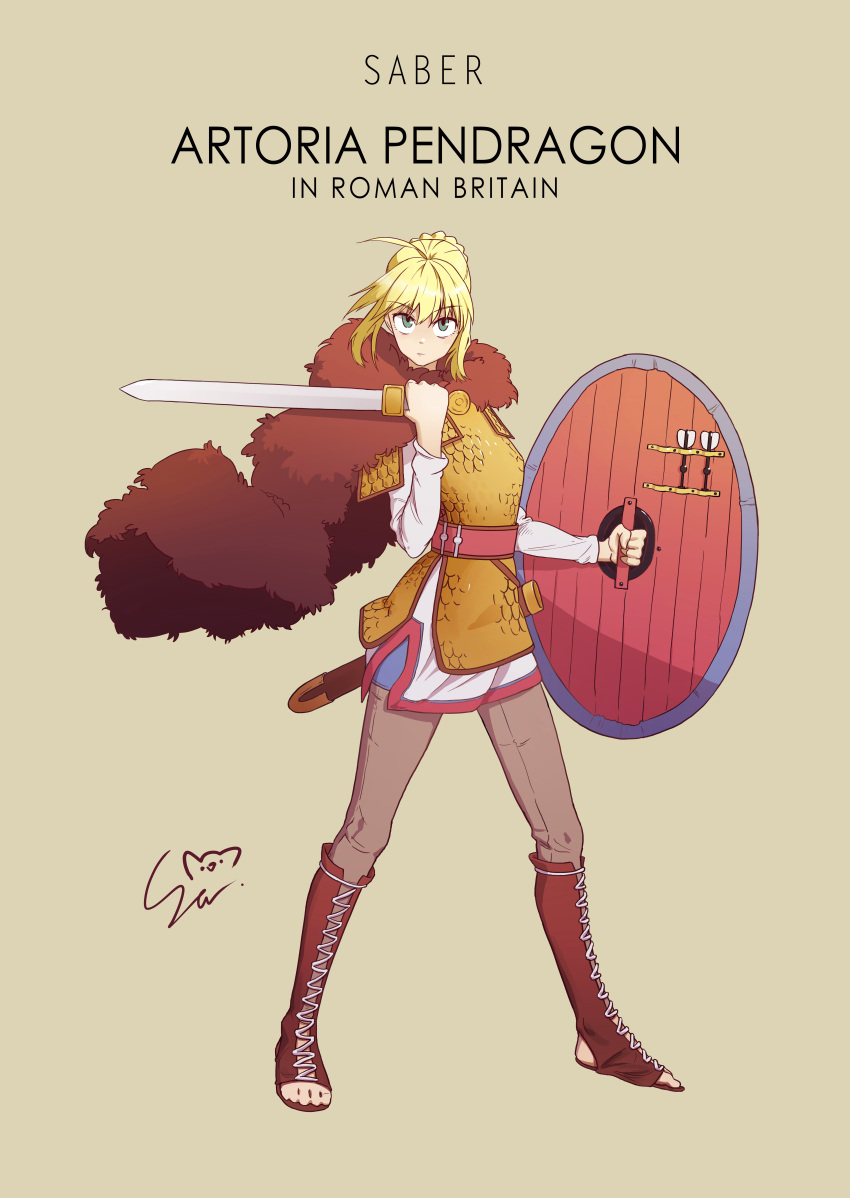 1girl absurdres ahoge alternate_costume armor artoria_pendragon_(all) blonde_hair boots braid cape character_name cloak cross-laced_footwear dart english_commentary english_text fate/grand_order fate_(series) french_braid fur_cape gladius hair_between_eyes hauberk highres korean_commentary lace-up_boots looking_at_viewer mixed-language_commentary ryu_seok saber scale_armor simple_background solo sword tan_background toeless_footwear tunic weapon wooden_shield
