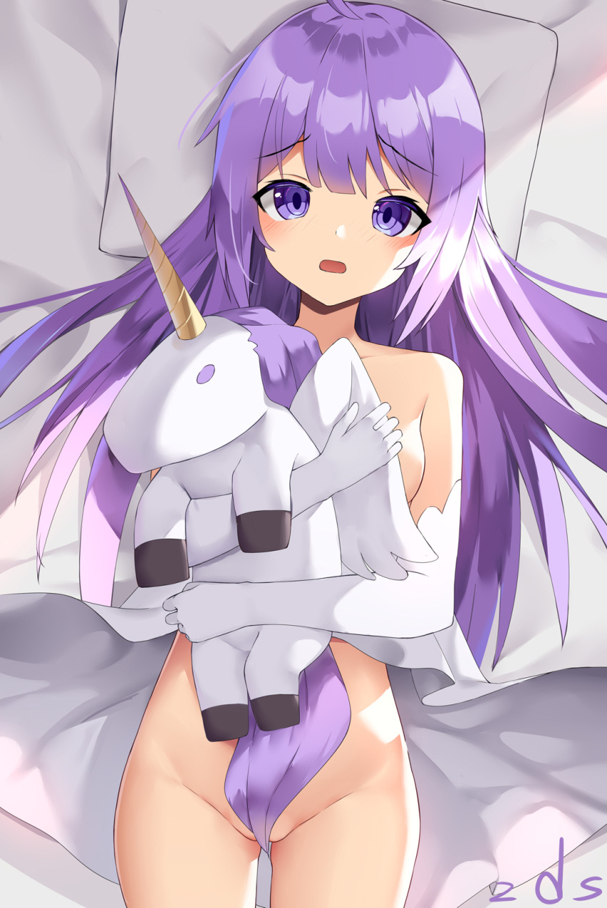 1girl azur_lane bangs bare_shoulders blush breasts collarbone commentary_request convenient_censoring cowboy_shot dress elbow_gloves eyebrows_visible_through_hair gloves groin highres long_hair looking_at_viewer lying no_panties object_hug on_back open_mouth pillow purple_eyes purple_hair sakutaishi signature small_breasts solo stuffed_winged_unicorn unicorn_(azur_lane) very_long_hair white_dress white_gloves