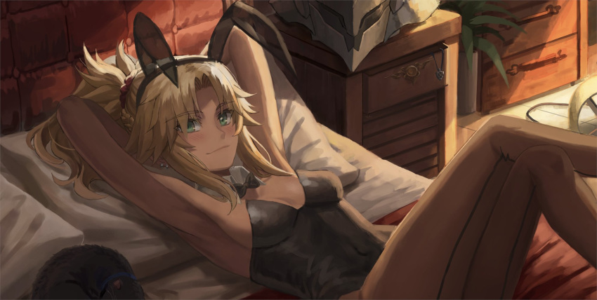 1girl animal_ears armpits arms_behind_head arms_up bad_id bad_twitter_id bangs bare_shoulders black_leotard blonde_hair bra braid breasts brown_legwear bunny_ears cat collarbone covered_navel detached_collar fake_animal_ears fate/apocrypha fate_(series) french_braid green_eyes hair_ornament hair_scrunchie highres leotard long_hair looking_at_viewer lying mordred_(fate) mordred_(fate)_(all) on_back pantyhose parted_bangs playboy_bunny ponytail scrunchie sidelocks small_breasts smile thighs tonee underwear