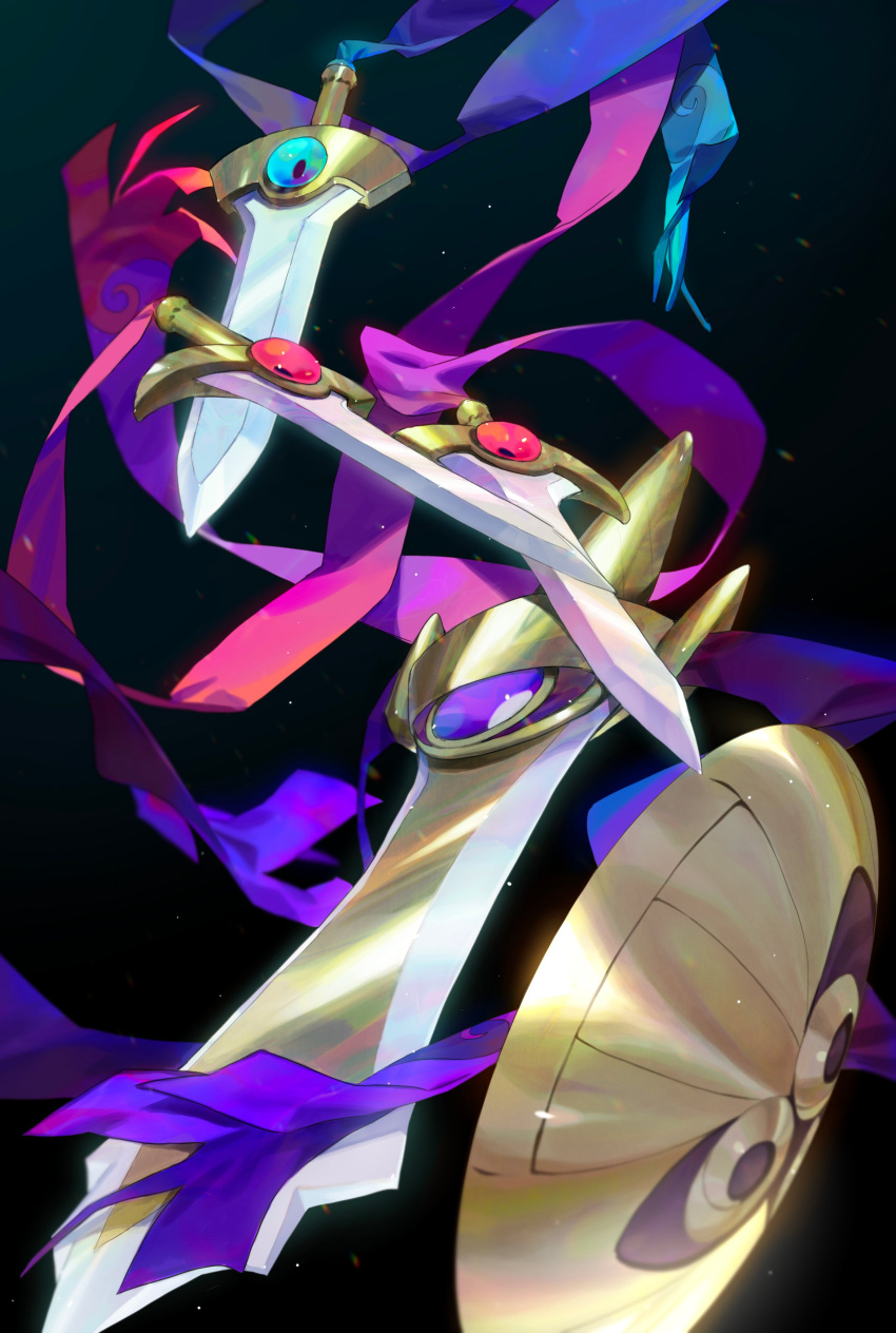 absurdres aegislash black_background doublade evolutionary_line gen_6_pokemon highres honedge no_humans pokemon pokemon_(creature) purple_eyes purple_ribbon ribbon shield shiny single_eye sword weapon yagita_(astronomie)