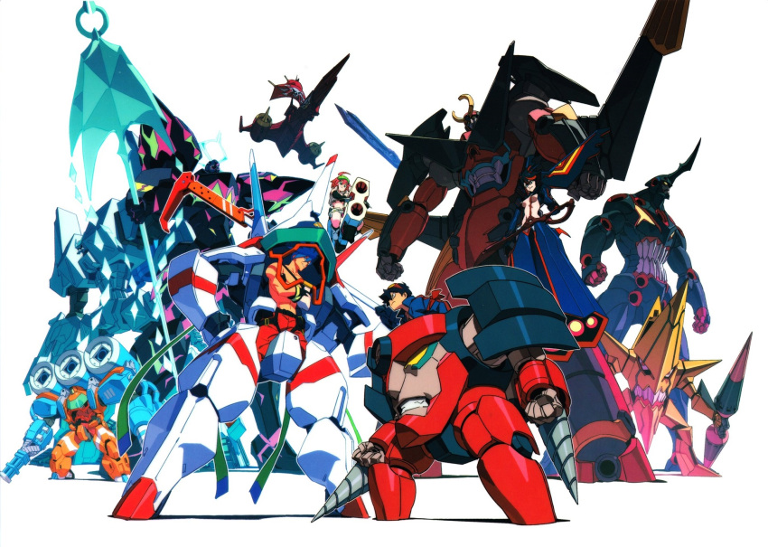 2boys 2girls black_hair blue_eyes breasts crossover drill galo_thymos goggles goggles_on_head gurren-lagann highres jacket kill_la_kill king_kittan lagann lazengann luluco matoi_ryuuko mecha mechanical multiple_boys multiple_crossover multiple_girls promare short_hair simon_(ttgl) source_request standing tengen_toppa_gurren_lagann trigger-chan uchuu_patrol_luluco weapon yoshinari_you