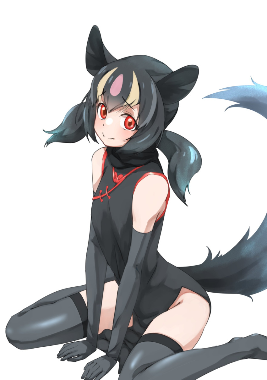 1girl absurdres aye-aye_(kemono_friends) bare_shoulders between_legs black_dress black_gloves black_hair black_legwear black_neckwear blonde_hair china_dress chinese_clothes commentary_request dress elbow_gloves eyebrows_visible_through_hair gloves hand_between_legs highlights highres kemono_friends lemur_ears lemur_girl lemur_tail looking_at_viewer multicolored_hair pink_hair red_eyes scarf short_hair sitting sleeveless solo tanabe_(fueisei) thighhighs twintails wariza zettai_ryouiki