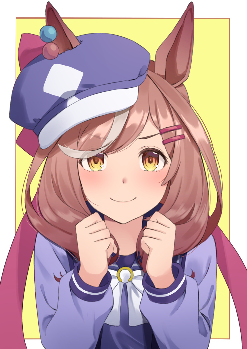 1girl animal_ears arms_up bangs baseball_cap border brown_hair closed_mouth eyebrows_visible_through_hair eyes_visible_through_hair hair_bobbles hair_ornament hairpin hands_up hat highres hofumaso horse_ears horseshoe light_blush long_hair long_sleeves looking_at_viewer matikane_tannhauser purple_sweater red_ribbon ribbon school_uniform simple_background smile solo sweater tilted_headwear tracen_school_uniform umamusume yellow_background yellow_eyes