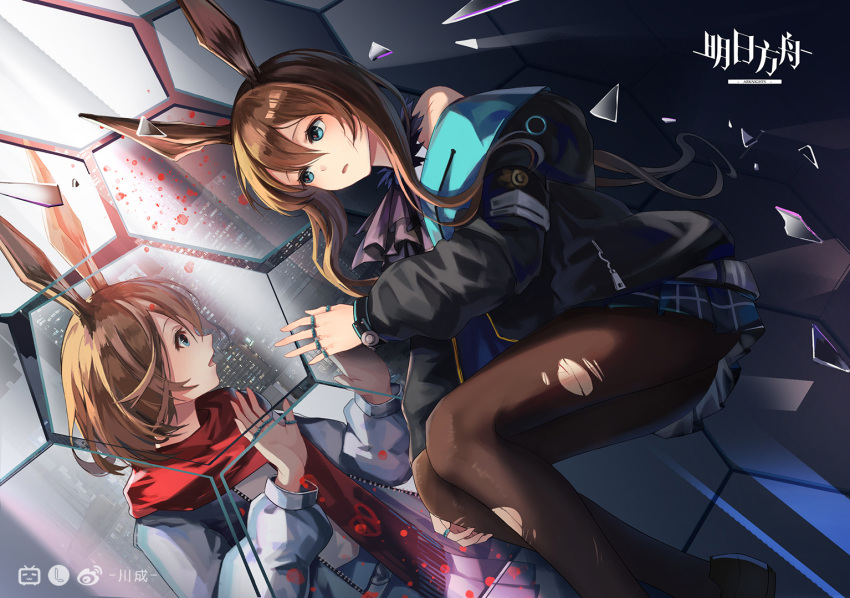 2girls amiya_(arknights) amiya_(fresh_fastener)_(arknights) animal_ears anjear_cc arknights bangs bare_shoulders black_jacket black_legwear blue_eyes blue_jacket brown_hair bunny_ears dual_persona frills hair_between_eyes jacket jewelry long_hair long_sleeves looking_at_another lying medium_hair messy_hair miniskirt multiple_girls official_alternate_costume on_side pantyhose parted_lips plaid plaid_skirt pleated_skirt red_scarf ring scarf sidelocks skirt torn_clothes torn_legwear wrist_cuffs