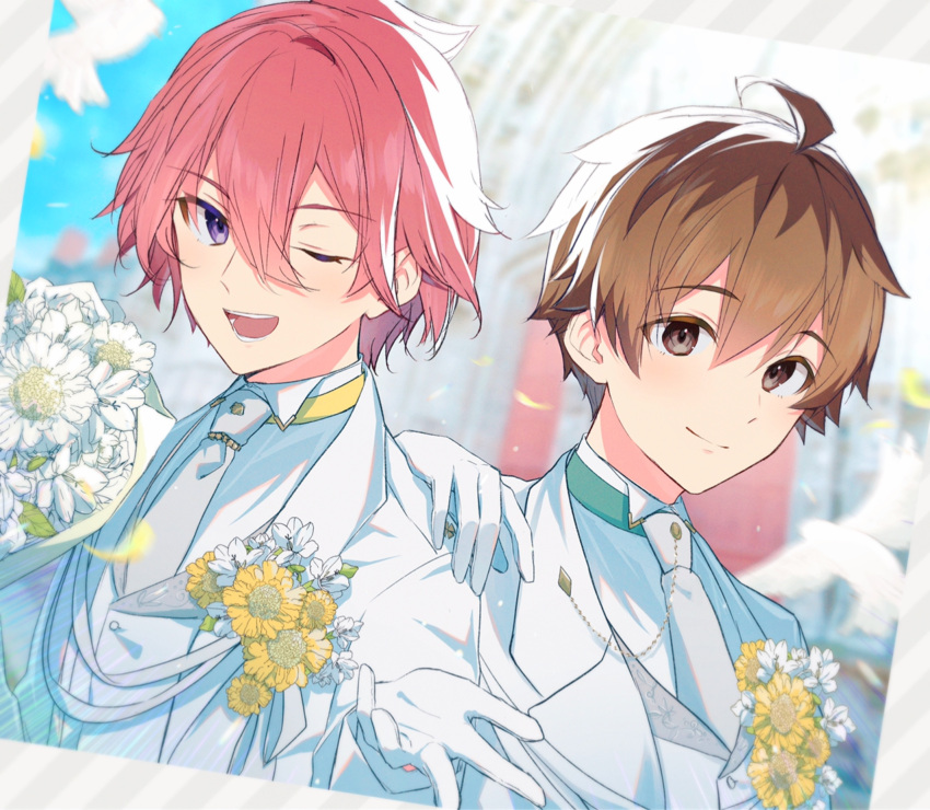 2boys ;d ahoge bangs blurry blurry_background brown_eyes brown_hair closed_mouth collared_shirt commentary_request depth_of_field eyebrows_visible_through_hair flower formal gloves gyozanuko hair_between_eyes hand_on_another's_shoulder hands_up highres jacket kannabe_ayumu kuzuryuu_yaichi long_sleeves male_focus multiple_boys one_eye_closed open_mouth pink_hair purple_eyes ryuuou_no_oshigoto! shirt smile suit upper_body white_flower white_gloves white_jacket white_neckwear white_shirt yellow_flower