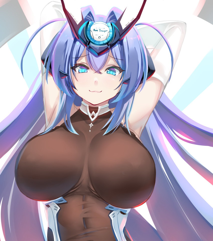 1girl :3 arms_up azur_lane blue_eyes blue_hair bodystocking breasts breasts_apart commentary_request covered_navel elbow_gloves gloves headgear highres large_breasts long_hair looking_at_viewer new_jersey_(azur_lane) shiki_(psychedelic_g2) smile solo upper_body very_long_hair white_gloves