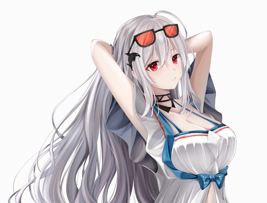 1girl arknights arms_behind_head arms_up arn bangs black_choker breasts chinese_commentary choker cleavage commentary_request eyewear_on_head hair_between_eyes large_breasts long_hair looking_at_viewer official_alternate_costume orca_hair_ornament parted_lips red_eyes shirt short_sleeves silver_hair simple_background skadi_(arknights) skadi_(waverider)_(arknights) solo sunglasses upper_body white_background white_shirt