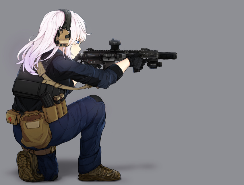 1girl assault_rifle black_gloves blue_eyes blue_pants blue_shirt brown_footwear bulletproof_vest clov3r commentary ear_protection gloves gun h&amp;k_hk416 heckler_&amp;_koch highres holding holding_gun holding_weapon left-handed long_hair long_sleeves magazine_(weapon) original pants rifle shirt shoes sneakers solo tactical_clothes weapon white_hair