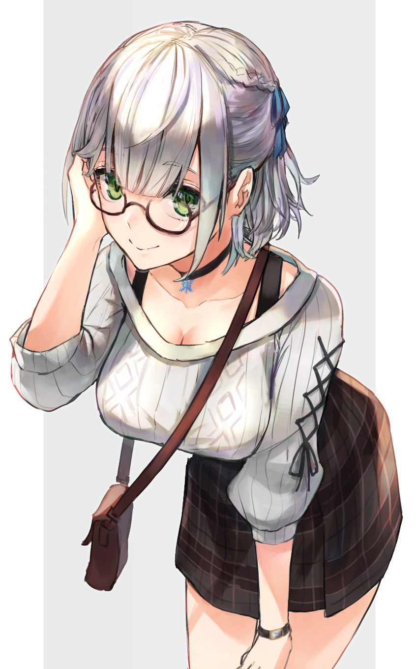 1girl absurdres bag breasts brown-framed_eyewear choker collarbone glasses green_eyes grey_background hair_tucking handbag highres hololive kyara-suro large_breasts leaning_forward looking_at_viewer plaid plaid_skirt shirogane_noel short_hair silver_hair skirt smile solo sweater two-tone_background virtual_youtuber watch white_background white_sweater wristwatch