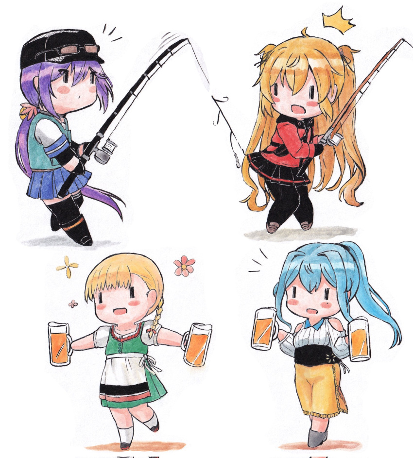 4girls akebono_(kancolle) alcohol bangs beer beer_mug black_gloves black_legwear blonde_hair blush braid breasts chibi commentary_request cup dirndl eyewear_on_head fishing_rod german_clothes gloves gotland_(kancolle) hair_between_eyes hair_ribbon hat highres holding holding_cup jacket kantai_collection long_hair long_sleeves mole mole_under_eye mug multiple_girls murasame_(kancolle) official_alternate_costume open_mouth pantyhose pleated_skirt poipoi_purin ponytail ribbon sailor_collar school_uniform serafuku shin'you_(kancolle) simple_background single_braid skirt sunglasses thighhighs two_side_up very_long_hair