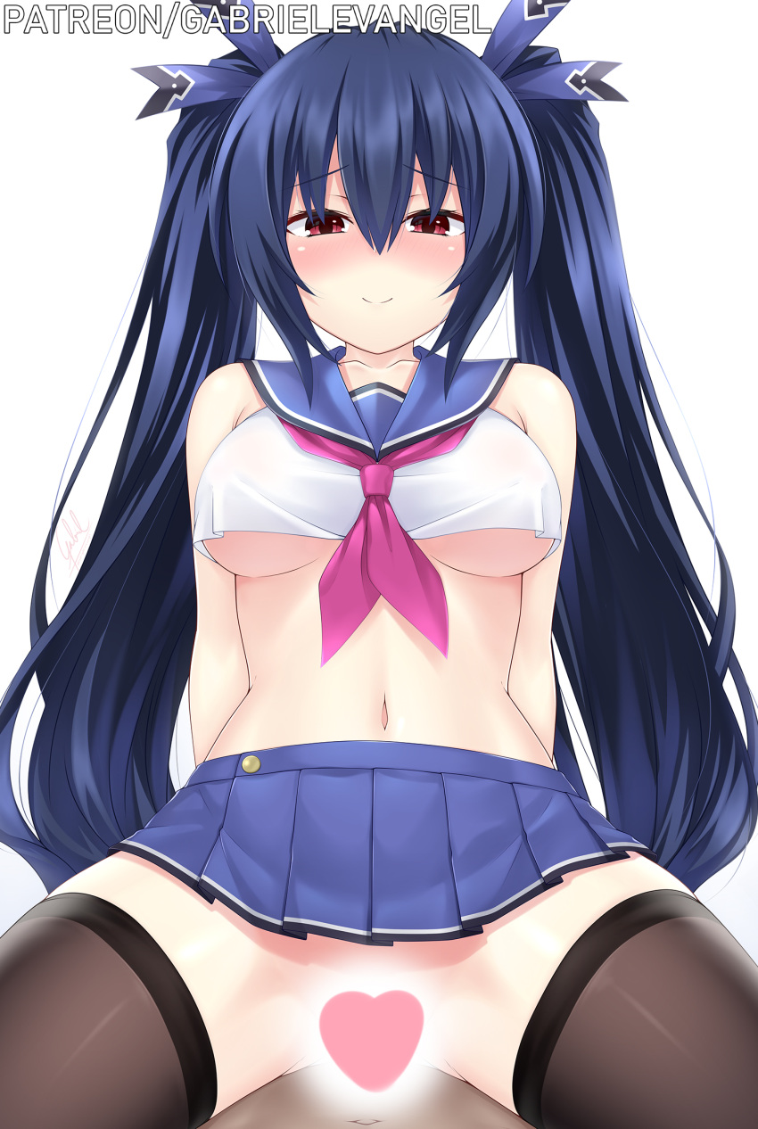 1boy 1girl black_hair black_legwear blush breasts censored choujigen_game_neptune cowgirl_position crop_top from_below gabriel_evangel hair_ribbon hetero highres implied_sex looking_at_viewer microskirt navel neptune_(series) no_panties noire patreon_username red_eyes reward_available ribbon sailor_collar school_uniform serafuku simple_background skindentation skirt smile solo_focus straddling thighhighs twintails white_background