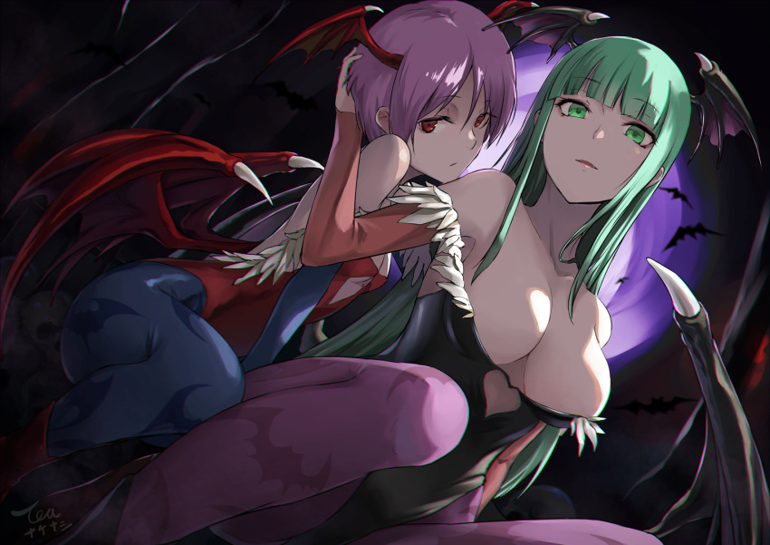 breasts dark_stalkers devil leotard lilith_aensland morrigan_aensland no_bra pantyhose tea_(nakenashi) wings