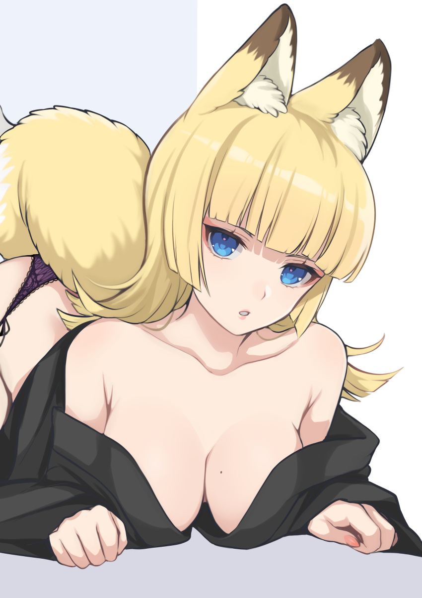1girl absurdres animal_ear_fluff animal_ears bangs banned_artist bare_shoulders blonde_hair blue_eyes blunt_bangs breasts commentary_request fox_ears fox_tail highres large_breasts long_hair looking_at_viewer off_shoulder original parted_lips shimizu_akina solo tail