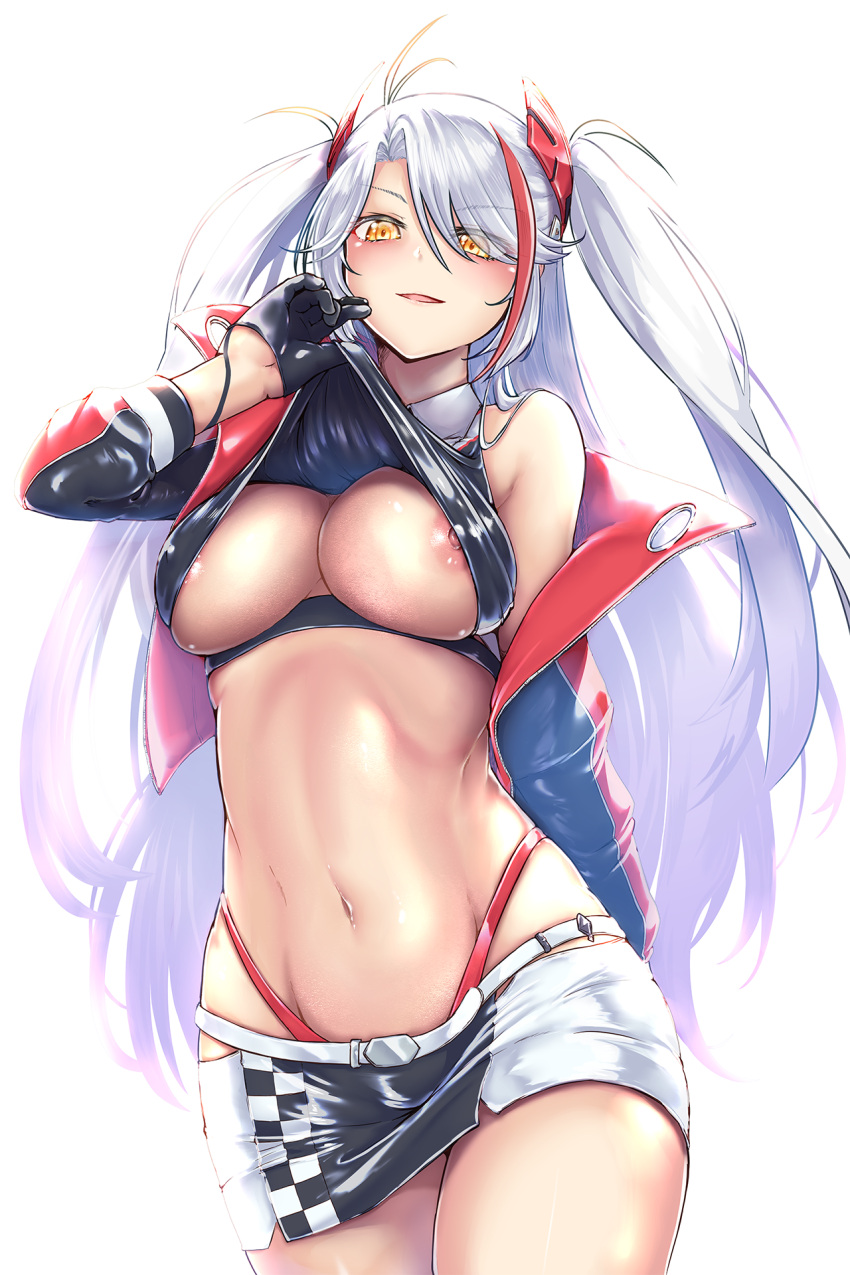 1girl areola_slip areolae azur_lane bare_shoulders belt black_skirt breasts clothing_cutout cropped_shirt earpiece eyebrows_visible_through_hair eyes_visible_through_hair gloves half_gloves headgear highres jacket large_breasts looking_at_viewer microskirt multicolored_hair navel nipple_slip nipples official_alternate_costume open_clothes open_jacket panties panty_straps prinz_eugen_(azur_lane) prinz_eugen_(final_lap)_(azur_lane) race_queen red_hair red_jacket red_panties renkon_(s36tereste) silver_hair skirt solo standing streaked_hair two-tone_hair two-tone_skirt underboob_cutout underwear white_belt white_skirt yellow_eyes