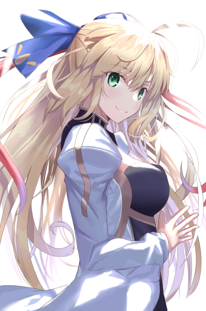 1girl ahoge artoria_pendragon_(all) artoria_pendragon_(caster)_(fate) bangs black_dress blonde_hair blue_ribbon breasts dress fate/grand_order fate_(series) green_eyes hair_between_eyes hair_ribbon highres long_hair long_sleeves looking_at_viewer multicolored multicolored_clothes multicolored_dress neko_daruma ribbon smile solo very_long_hair white_dress