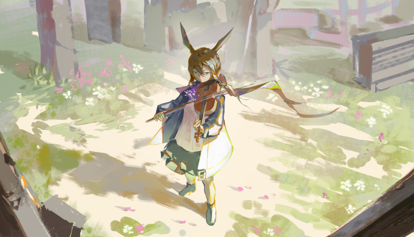 1girl absurdres amiya_(arknights) animal_ears aqua_eyes arknights ascot black_coat black_footwear black_skirt bow_(instrument) brown_hair bunny_ears clay_(clayjun) coat commentary_request fence flower full_body grass hands_up highres instrument long_hair looking_away multiple_rings music open_clothes open_coat outdoors pink_flower playing_instrument purple_neckwear shadow shirt skirt solo standing tree violin white_shirt