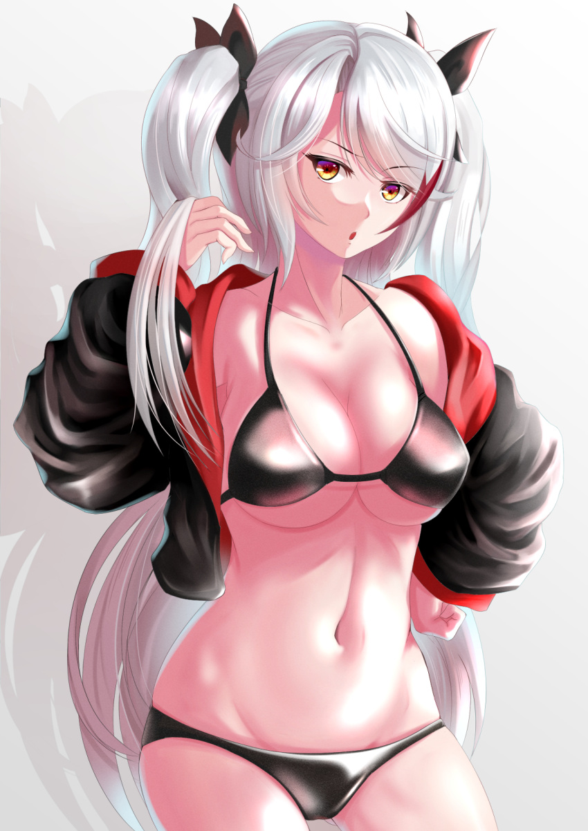1girl :o azur_lane bangs bikini black_bikini black_jacket black_ribbon breasts cleavage collarbone commentary covered_nipples cowboy_shot drop_shadow eyebrows_visible_through_hair groin hair_between_eyes hair_ribbon hand_on_hip hand_up highres jacket large_breasts long_hair long_sleeves looking_at_viewer multicolored_hair navel open_clothes open_jacket orange_eyes prinz_eugen_(azur_lane) red_hair ribbon shirokuro_(monochrome0226) sidelocks silver_hair simple_background solo standing stomach streaked_hair swept_bangs swimsuit two_side_up underboob very_long_hair white_background