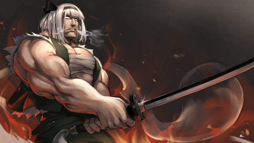 1boy asutora bandages bob_cut breath cho_aniki clenched_teeth fire genderswap genderswap_(ftm) ghost glint green_vest grey_background hair_ribbon hairband hitodama holding holding_sword holding_weapon katana konpaku_youmu konpaku_youmu_(ghost) male_focus manly muscular muscular_male no_pupils pectorals ribbon sarashi serious short_hair silver_hair simple_background solo sword teeth torn_clothes touhou upper_body vest weapon