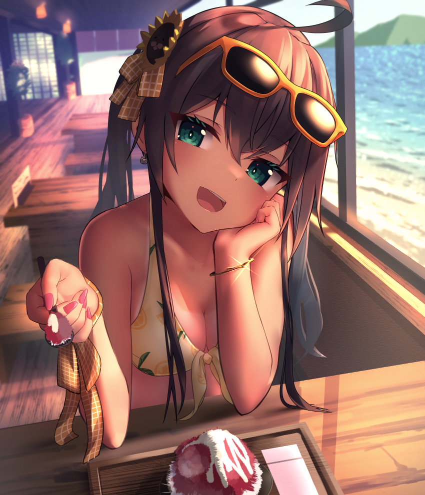 1girl absurdres ahoge alternate_costume aqua_eyes beach bikini blurry blurry_background blush bracelet breasts brown_hair cleavage commentary day earrings eyebrows_visible_through_hair eyewear_on_head feeding flower front-tie_bikini front-tie_top glint hair_between_eyes hair_flower hair_ornament hair_ribbon hand_on_own_cheek hand_on_own_face head_tilt highres holding holding_spoon hololive huge_filesize inaba_teitoku indoors jewelry long_hair looking_at_viewer medium_breasts nail_polish natsuiro_matsuri ocean open_mouth orange_print pink_nails plaid plaid_ribbon pov ribbon shaved_ice sitting smile solo spoon sunflower sunglasses sunlight swimsuit twintails upper_body virtual_youtuber wooden_table yellow-framed_eyewear yellow_bikini yellow_ribbon