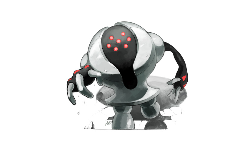 absurdres commentary_request gen_3_pokemon highres leaning_forward legendary_pokemon looking_at_viewer no_humans pokemon pokemon_(creature) red_eyes registeel solo standing walking warabimoti168 white_background