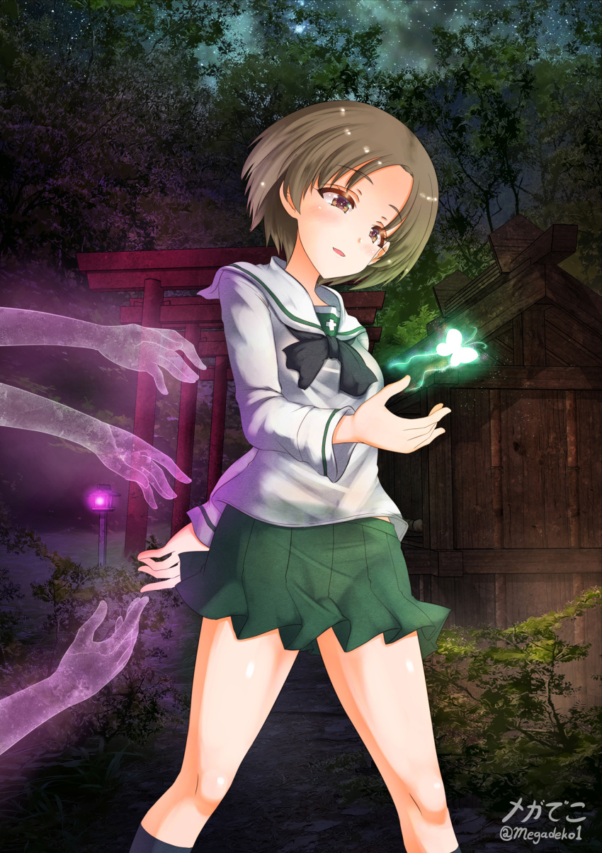 1girl aquaegg architecture blush breasts brown_hair bug butterfly east_asian_architecture eyebrows_visible_through_hair ghost girls_und_panzer green_skirt highres insect lamppost maruyama_saki microskirt ooarai_school_uniform open_mouth outdoors pleated_skirt school_uniform shiny shiny_hair shiny_skin short_hair shrine skirt sky small_breasts star_(sky) starry_sky