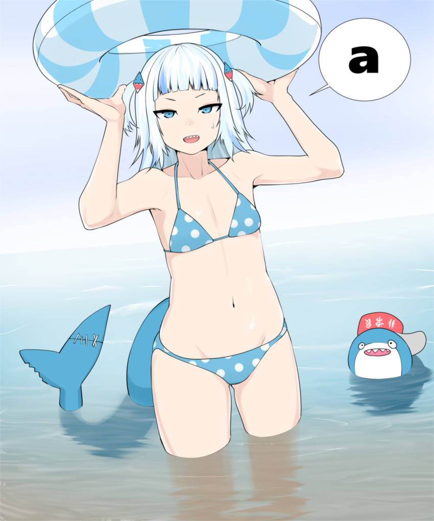 1girl a arms_up asha bangs bare_arms bare_shoulders bikini bloop_(gawr_gura) blue_eyes blue_hair blunt_bangs bow collarbone commentary_request fish_tail gawr_gura hair_ornament highres hololive hololive_english innertube looking_at_viewer medium_hair multicolored_hair navel open_mouth panties polka_dot polka_dot_bikini polka_dot_bow polka_dot_panties polka_dot_swimsuit shark_hair_ornament shark_tail sharp_teeth speech_bubble stomach streaked_hair sweatdrop swimsuit tail teeth underwear virtual_youtuber water white_hair