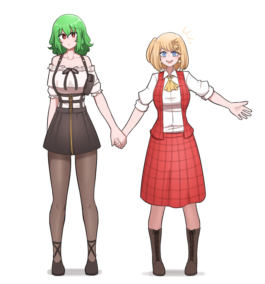 2girls ascot bare_shoulders black_ribbon black_skirt blonde_hair blue_eyes boots collarbone collared_shirt commission cosplay costume_switch cross-laced_footwear english_commentary eyebrows_visible_through_hair frilled_shirt frills green_hair hair_ornament highres holding_hands hololive hololive_english holster kazami_yuuka kazami_yuuka_(cosplay) lace-up_boots long_skirt mata_(matasoup) monocle_hair_ornament multiple_girls notice_lines off-shoulder_shirt off_shoulder open_clothes open_vest pantyhose plaid plaid_skirt plaid_vest red_eyes red_skirt red_vest ribbon shirt short_hair side_ponytail simple_background skirt skirt_set smile suspenders touhou vest watson_amelia watson_amelia_(cosplay) white_background white_shirt yellow_neckwear zipper zipper_pull_tab zipper_skirt