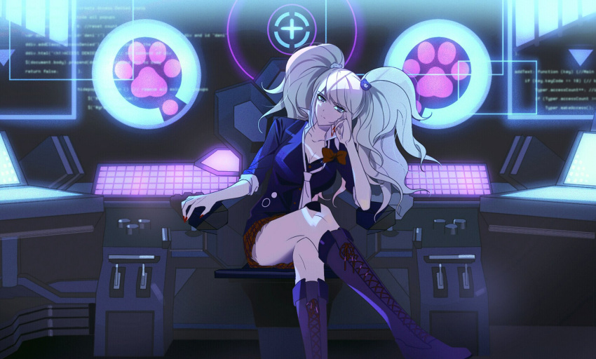 1girl arm_rest bangs bear_hair_ornament black_footwear blue_eyes boots bow breasts chair cleavage collarbone cross-laced_footwear crossed_legs danganronpa:_trigger_happy_havoc danganronpa_(series) desk enoshima_junko frown hair_ornament highres knee_boots lace-up_boots large_breasts long_hair looking_at_viewer miniskirt monitor necktie paw_print red_bow red_nails red_skirt sitting skirt solo twintails vo1ez